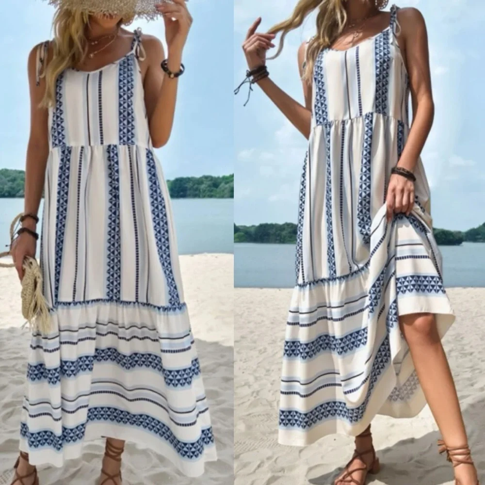 Boho geo print tie shoulder maxi dress